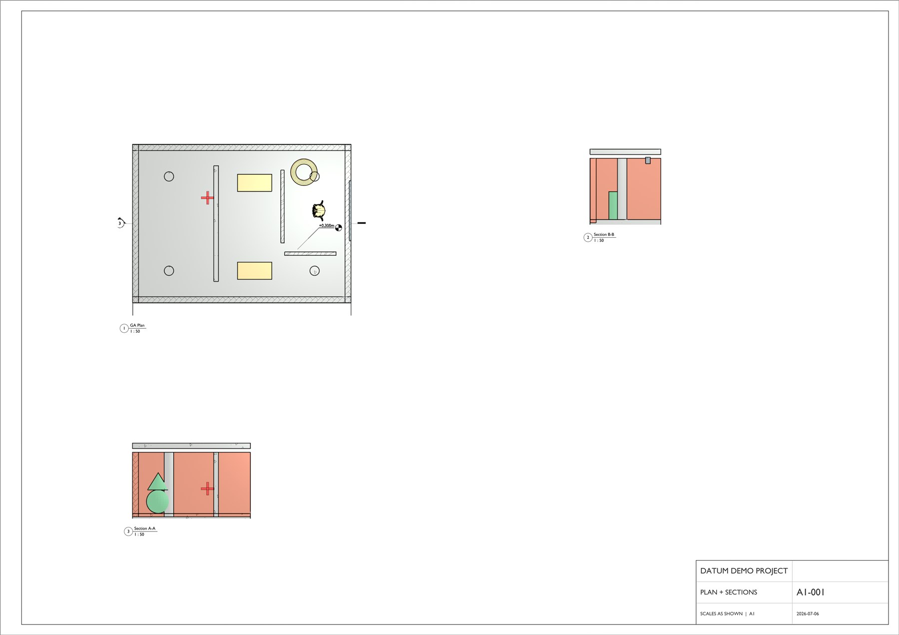 A complete A1 technical drawing sheet with a general arrangement plan, two sections and a title block, produced by LM Datum