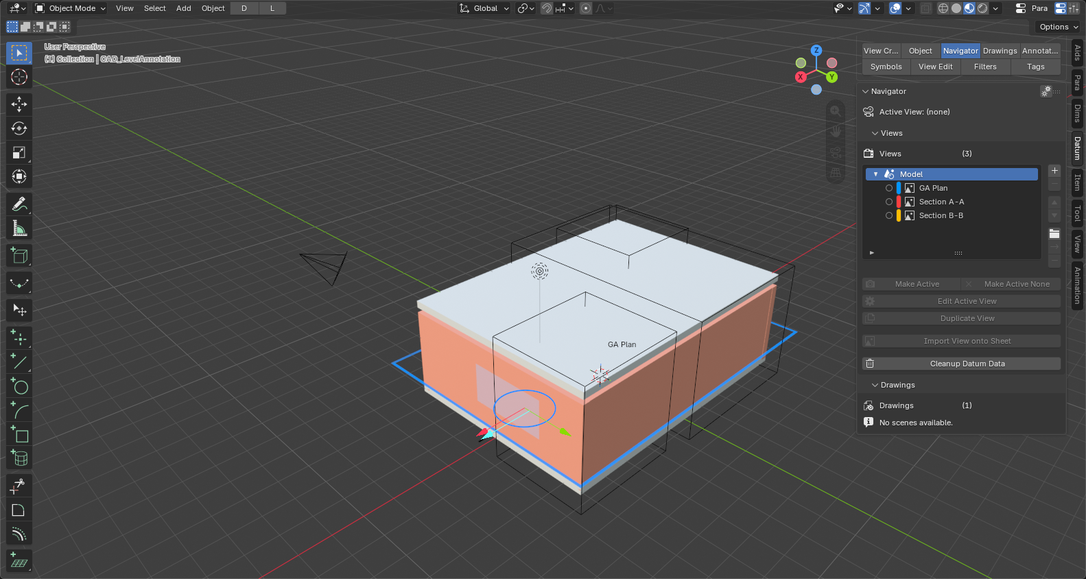 The 3D model with section frames and view volumes displayed in the Blender viewport