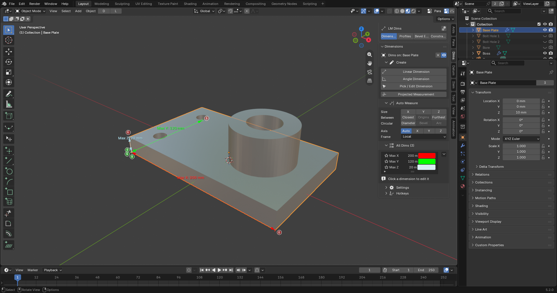 A machined part in Blender with live Max X, Max Y and Max Z dimensions, and the LM Dims panel listing all dimensions