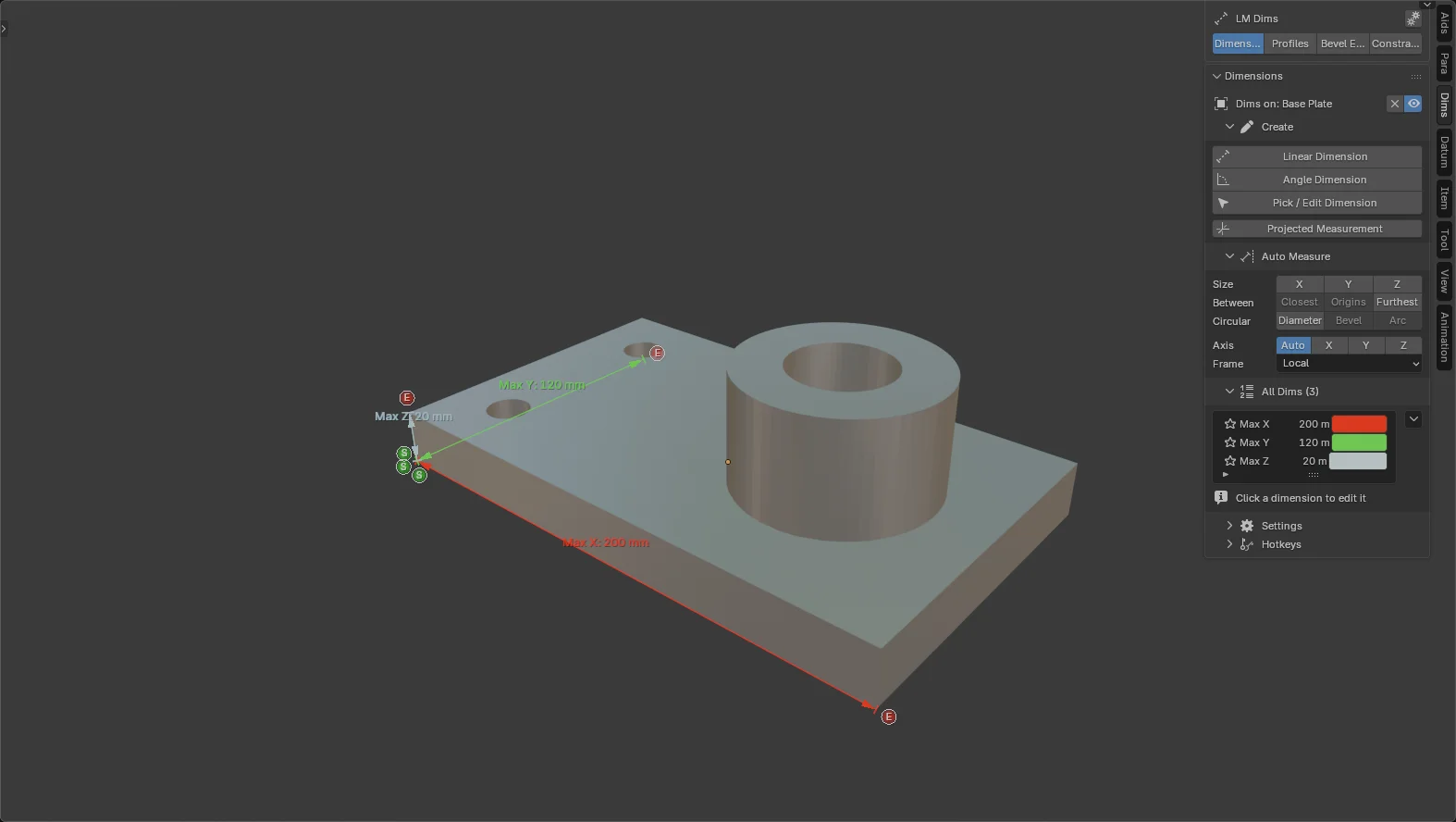 Orbiting animation around a machined plate showing live dimensions and the LM Dims side panel